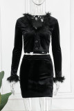 Black Sexy Solid Feathers V Neck Long Sleeve Two Pieces