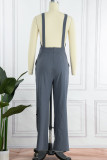 Grey Casual Solid Buckle Square Collar Regular Jumpsuits