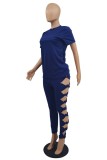 Deep Blue Casual Solid Hollowed Out O Neck Short Sleeve Two Pieces