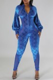 Blue Sexy Casual Print Patchwork See-through Zipper Collar Skinny Jumpsuits