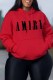 Red Casual Print Letter Hooded Collar Tops