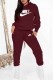 Burgundy Street Print Letter Hooded Collar Long Sleeve Two Pieces