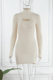 Skin Color Sexy Solid Hollowed Out Half A Turtleneck Long Sleeve Two Pieces