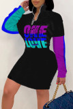 Colour Casual Print Patchwork Zipper Collar Straight Dresses