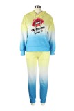 Yellow Blue Casual Gradual Change Print Basic Hooded Collar Long Sleeve Two Pieces