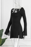 Apricot Sexy Solid Bandage Patchwork Slit Square Collar A Line Dresses
