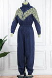 Black Street Print Patchwork Turndown Collar Skinny Jumpsuits