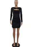 Silver Gray Sexy Solid Patchwork Asymmetrical Collar Pencil Skirt Dresses