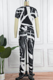 Black Sexy Print Patchwork O Neck Short Sleeve Two Pieces