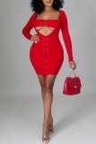 Black Sexy Solid Hollowed Out Frenulum Square Collar Long Sleeve Dresses