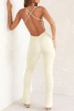 Cream White Sportswear Solid Patchwork Backless Slit Spaghetti Strap Skinny Jumpsuits