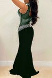 Green Sexy Formal Patchwork Hot Drilling See-through Turtleneck Evening Dress Dresses