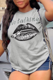 Red Casual Street Lips Printed Patchwork Letter O Neck T-Shirts