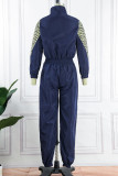 Black Street Print Patchwork Turndown Collar Skinny Jumpsuits