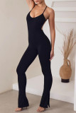 Black Sportswear Solid Patchwork Backless Slit Spaghetti Strap Skinny Jumpsuits