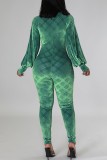 Green Sexy Casual Print Patchwork See-through Zipper Collar Skinny Jumpsuits