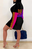 Colour Casual Print Patchwork Zipper Collar Straight Dresses