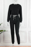 Black Casual Patchwork Hot Drill O Neck Long Sleeve Two Pieces