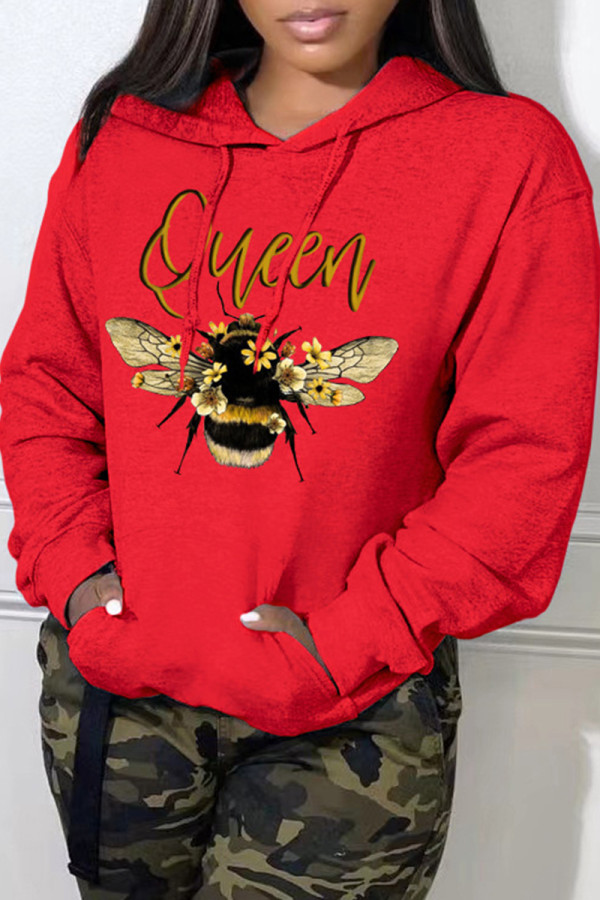 Red Casual Print Basic Hooded Collar Tops