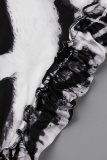 Black Sexy Print Patchwork O Neck Short Sleeve Two Pieces