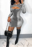 Silver Gray Sexy Solid Patchwork Asymmetrical Collar Pencil Skirt Dresses