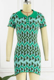 Green Sexy Print Draw String Turndown Collar Pencil Skirt Dresses