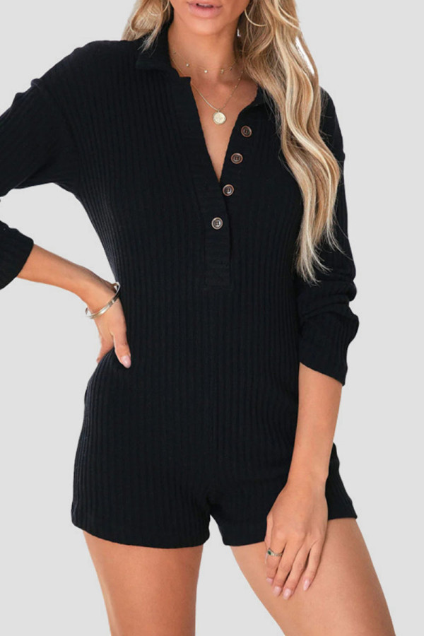 Black Casual Solid Patchwork Buckle Turndown Collar Skinny Rompers