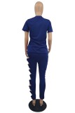 Deep Blue Casual Solid Hollowed Out O Neck Short Sleeve Two Pieces