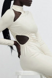 Coffee Casual Solid Hollowed Out Patchwork O Neck One Step Skirt Dresses