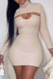 Skin Color Sexy Solid Hollowed Out Half A Turtleneck Long Sleeve Two Pieces