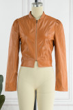 Dark Brown Casual Solid Patchwork Zipper Collar Outerwear
