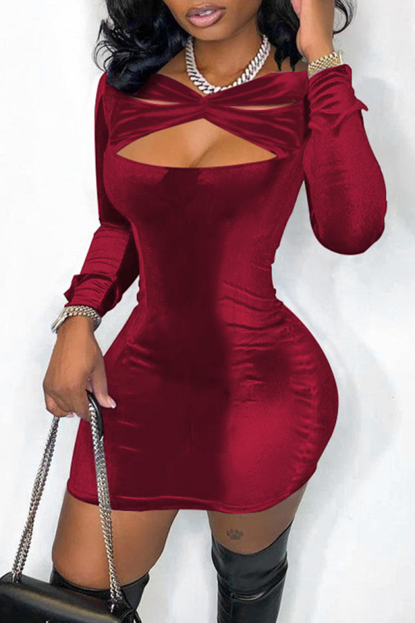 Burgundy Sexy Solid Patchwork Asymmetrical Collar Pencil Skirt Dresses