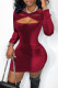 Burgundy Sexy Solid Patchwork Asymmetrical Collar Pencil Skirt Dresses