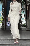 Coffee Casual Solid Hollowed Out Patchwork O Neck One Step Skirt Dresses