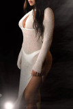 White Sexy Solid Hollowed Out Patchwork See-through Slit Asymmetrical Collar Irregular Dress Dresses