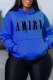 Blue Casual Print Letter Hooded Collar Tops