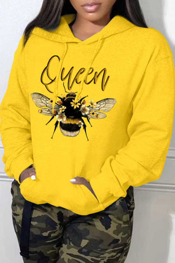 Yellow Casual Print Basic Hooded Collar Tops