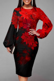 Red Fashion Casual Print Basic O Neck Long Sleeve Dresses