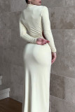 Coffee Casual Solid Hollowed Out Patchwork O Neck One Step Skirt Dresses