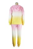 Pink Yellow Casual Gradual Change Print Basic Hooded Collar Long Sleeve Two Pieces