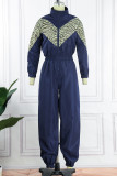 Black Street Print Patchwork Turndown Collar Skinny Jumpsuits