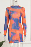 Orange Sexy Print Patchwork See-through Half A Turtleneck Pencil Skirt Dresses