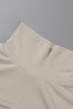Skin Color Sexy Solid Hollowed Out Half A Turtleneck Long Sleeve Two Pieces