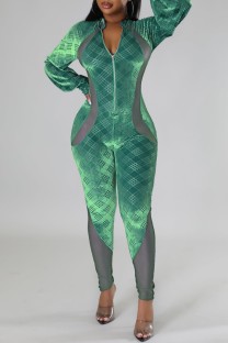 Green Sexy Casual Print Patchwork See-through Zipper Collar Skinny Jumpsuits