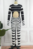 Black Street Striped Patchwork Half A Turtleneck Skinny Jumpsuits
