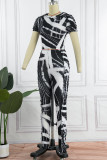 Black Sexy Print Patchwork O Neck Short Sleeve Two Pieces