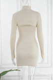 Skin Color Sexy Solid Hollowed Out Half A Turtleneck Long Sleeve Two Pieces