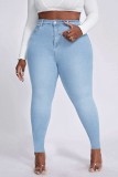 Light Blue Casual Solid Patchwork Plus Size Jeans