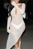 White Sexy Solid Hollowed Out Patchwork See-through Slit Asymmetrical Collar Irregular Dress Dresses