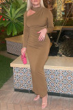 Coffee Casual Solid Hollowed Out Patchwork O Neck One Step Skirt Dresses